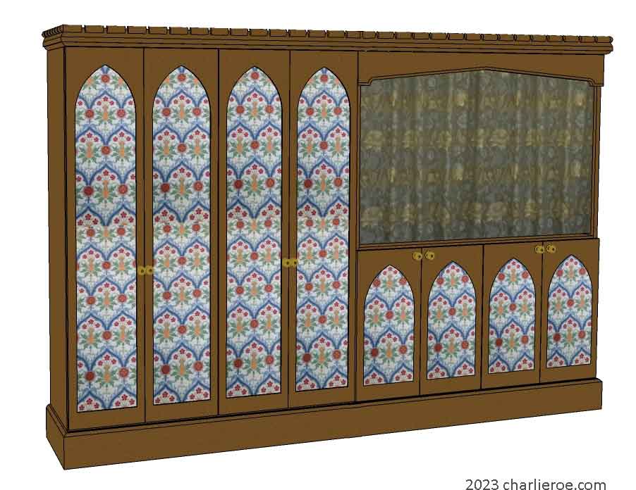 new Gothic Gotik Gothique style painted 4 door bookcase, with tall lancet arch door panels with decorative Gothic patterns and matching sideboard dresser