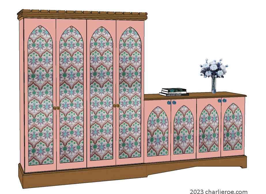 new Gothic Gotik Gothique style painted 4 door bookcase, with tall lancet arch door panels with decorative Gothic patterns and matching sideboard