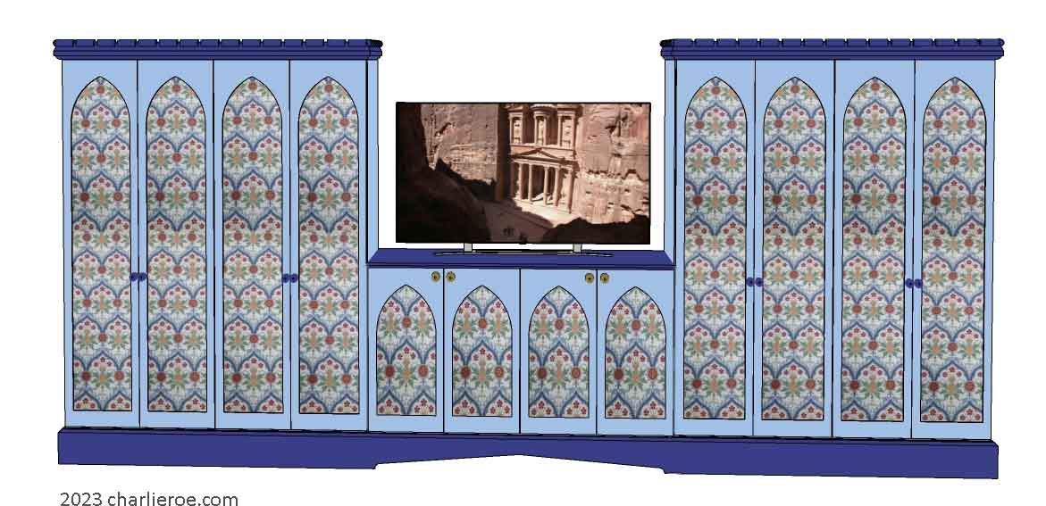 new Gothic Gotik Gothique style painted 8 door bookcase, with tall lancet arch door panels with decorative Gothic patterns and matching sideboard in the middle