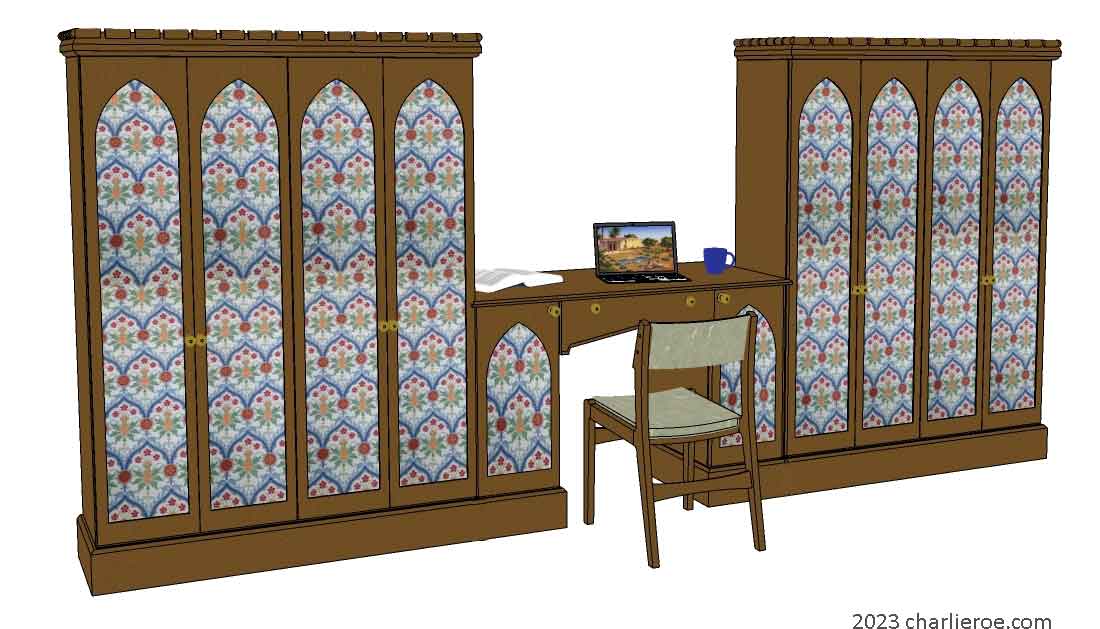 new Gothic Gotik Gothique style painted 4 door bookcase, with tall lancet arch door panels with decorative Gothic patterns and matching desk in the middle