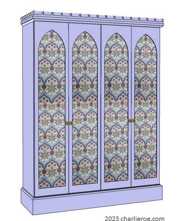 new Gothic Gotik Gothique style painted 4 door bookcase, with tall lancet arch door panels with decorative Gothic patterns