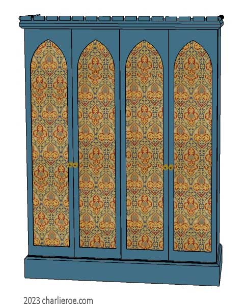 new Gothic Gotik Gothique style painted 4 door bookcase, with tall lancet arch door panels with decorative Gothic patterns