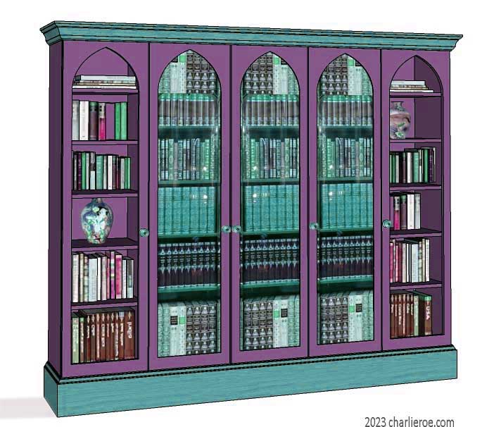 new Gothic Gotik Gothique style painted 5 bay bookcase, with glazed doors & lancet arch door panelss