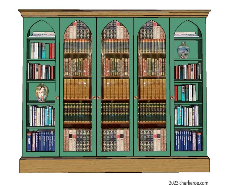 new Gothic Gotik Gothique style painted 5 bay bookcase, with glazed doors & lancet arch door panels