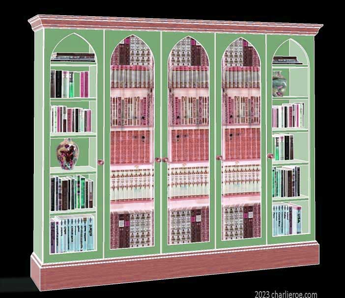 new Gothic Gotik Gothique style painted 5 bay bookcase, with glazed doors & lancet arch door panelss