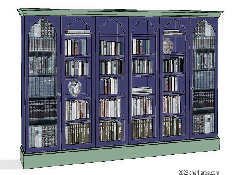 new Gothic Gotik Gothique style painted 6 bay bookcase, with glazed doors & lancet arch door panels