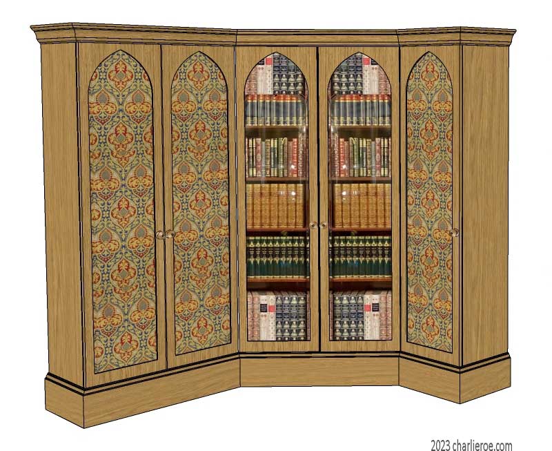 new Gothic Gotik Gothique style painted 5 bay corner bookcase, with glazed doors & lancet arch door panels