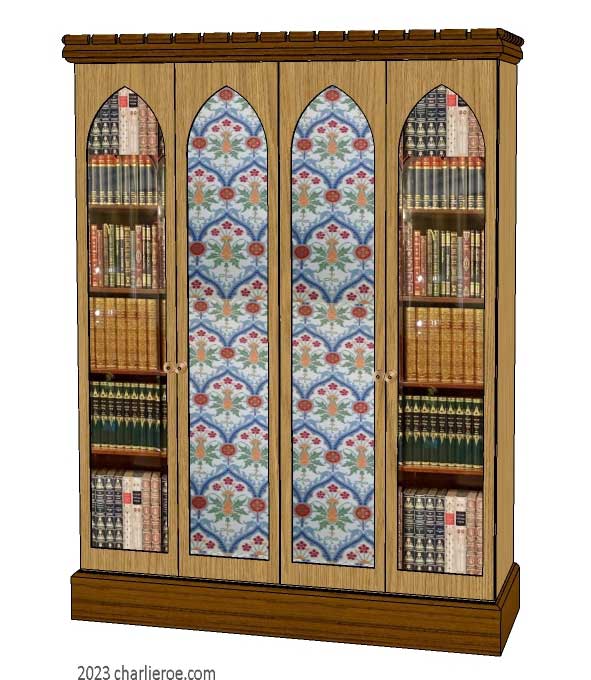 new Gothic Gotik Gothique style painted 4 door bookcase, with tall lancet arch door panels with glazed and decorative Gothic patterns