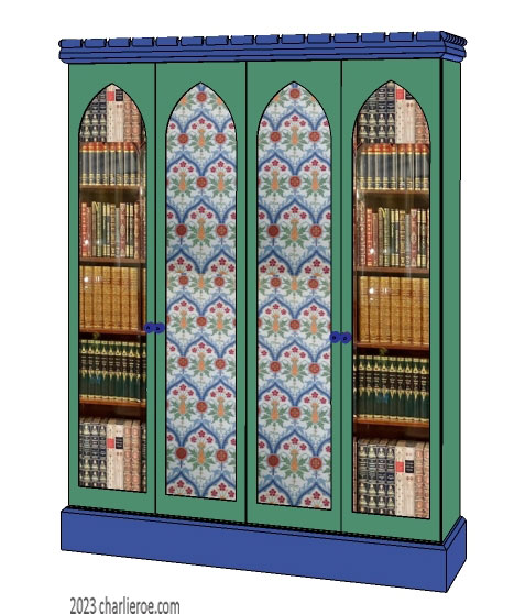 new Gothic Gotik Gothique style painted 4 door bookcase, with tall lancet arch door panels with glazed and decorative Gothic patterns