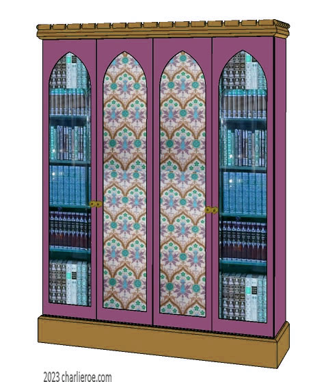 new Gothic Gotik Gothique style painted 4 door bookcase, with tall lancet arch door panels with glazed and decorative Gothic patterns