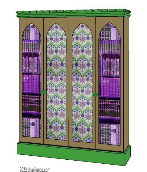 new Gothic Gotik Gothique style painted 4 door bookcase, with tall lancet arch door panels with glazed and decorative Gothic patterns