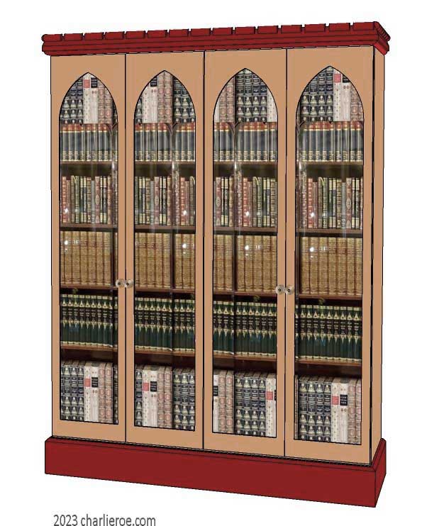new Gothic Gotik Gothique style painted 4 door bookcase, with tall lancet arch door panels with glazed and decorative Gothic patterns