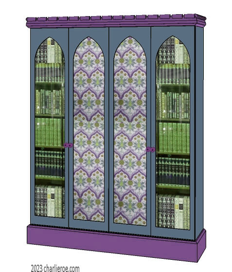 new Gothic Gotik Gothique style painted 4 door bookcase & matching 4 door sideboard, with lancet arch door panels with decorative Gothic patterns