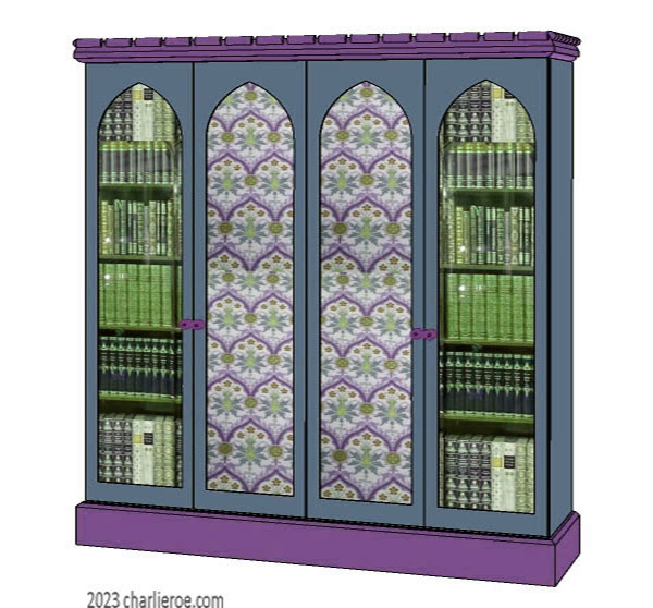 new Gothic Gotik Gothique style painted 4 door bookcase & matching 4 door sideboard, with lancet arch door panels with decorative Gothic patterns