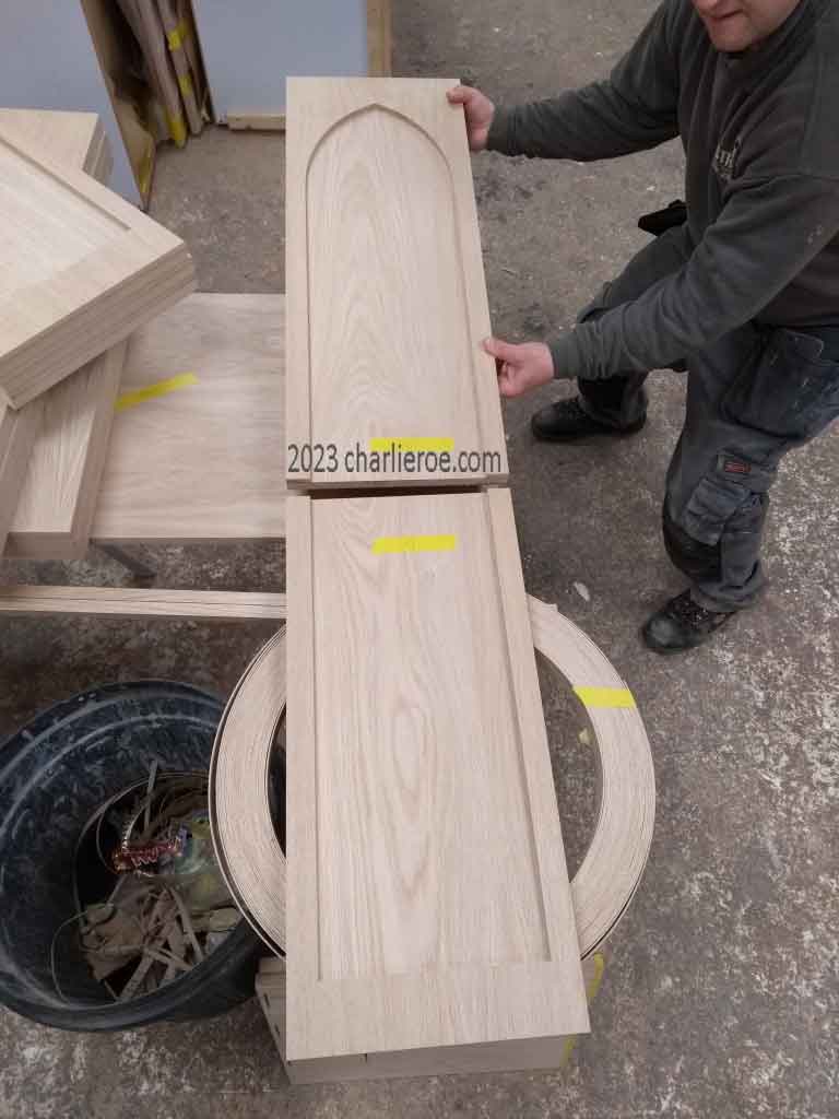 new Gothic Revival Gothique Gotik breakfront dark wood bookcases & entertainment media centre TV unit bi-fold doors with lancet arches