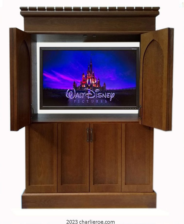 new Gothic Revival Gothique Gotik dark wood entertainment media centre TV unit with lancet arches & bi-fold doors