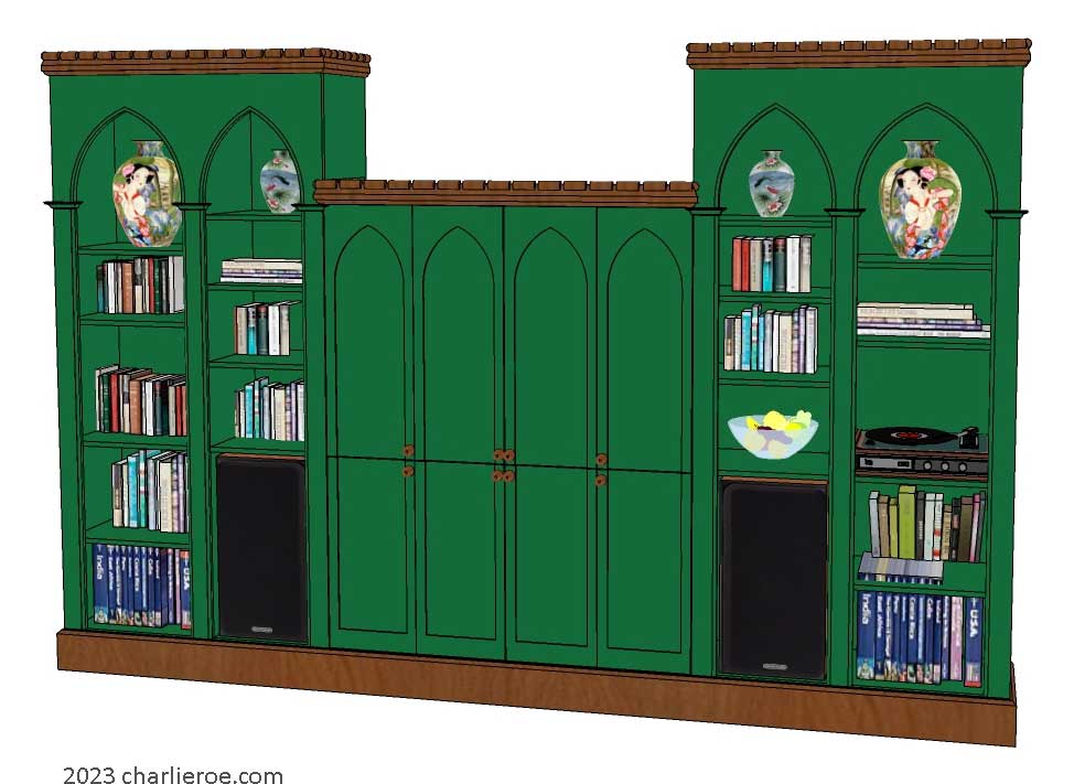 new Gothic Gothique Gotik bookcases entertainment media centre TV unit with lancet arches in a painted finish with dark wood detailing